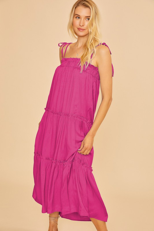Tie Cami Elastic Detail Frill Tiered Midi Dress - Hot Pink