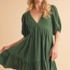 Tied Back Ruffled Short Sleeve Mini Dress - Emerald