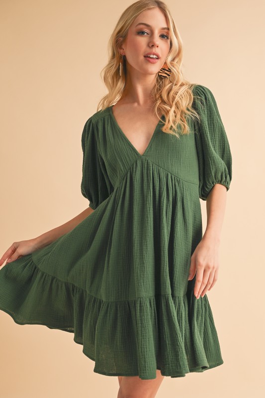 Tied Back Ruffled Short Sleeve Mini Dress - Emerald