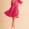 Tied Back Ruffled Short Sleeve Mini Dress - Magenta