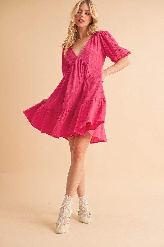 Tied Back Ruffled Short Sleeve Mini Dress - Magenta