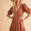 Tied Back Ruffled Short Sleeve Mini Dress - Terracotta