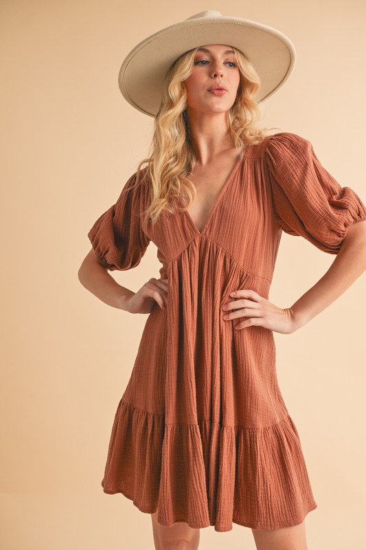 Tied Back Ruffled Short Sleeve Mini Dress - Terracotta