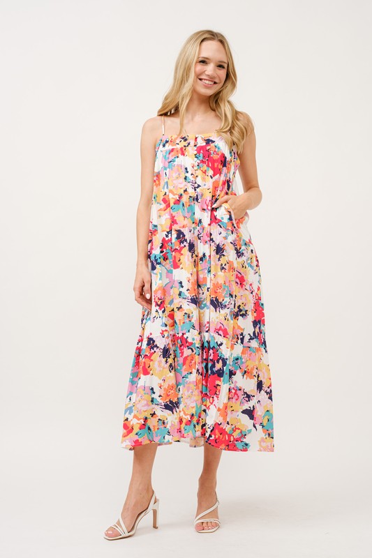 Tiered Floral Midi Cami Dress with Pockets - Multi