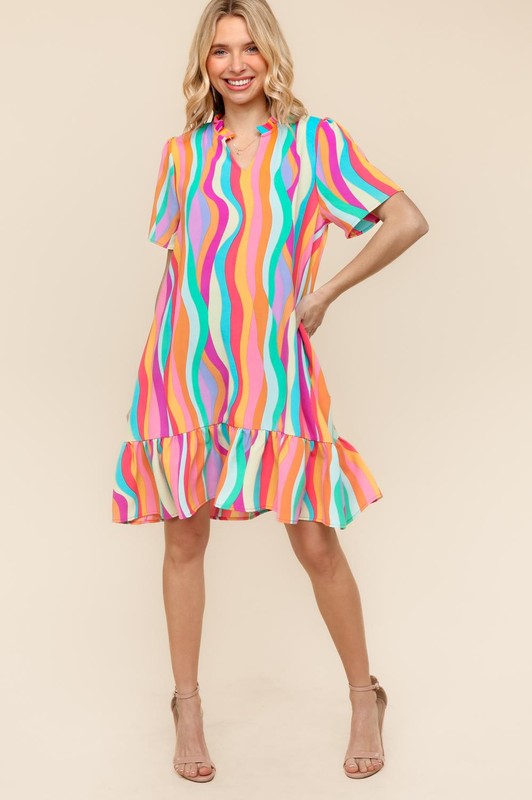 Tiered Woven Ruffle Hem Dress - Yellow/Green/Fuchsia