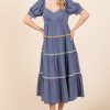 Trim Detail Puff Sleeve Tiered Maxi Dress - Denim
