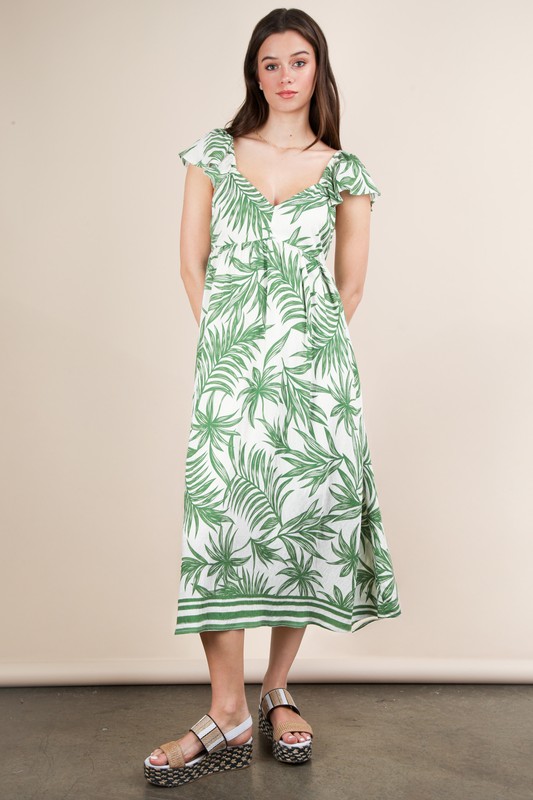 Tropical Printed Midi Summer Boho Dress - Green Mix