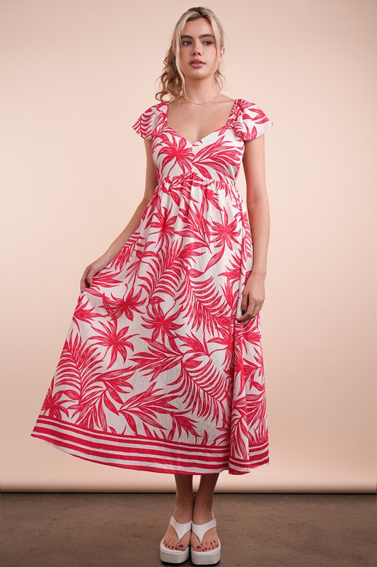 Tropical Printed Midi Summer Boho Dress - Tomato Mix