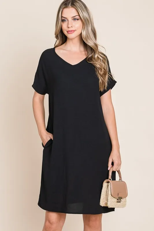 V-Neck-Short-Sleeve-Dress-with-Pockets-Black-2