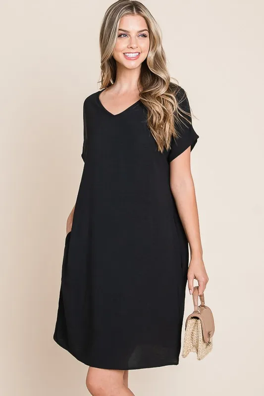 V-Neck-Short-Sleeve-Dress-with-Pockets-Black-3