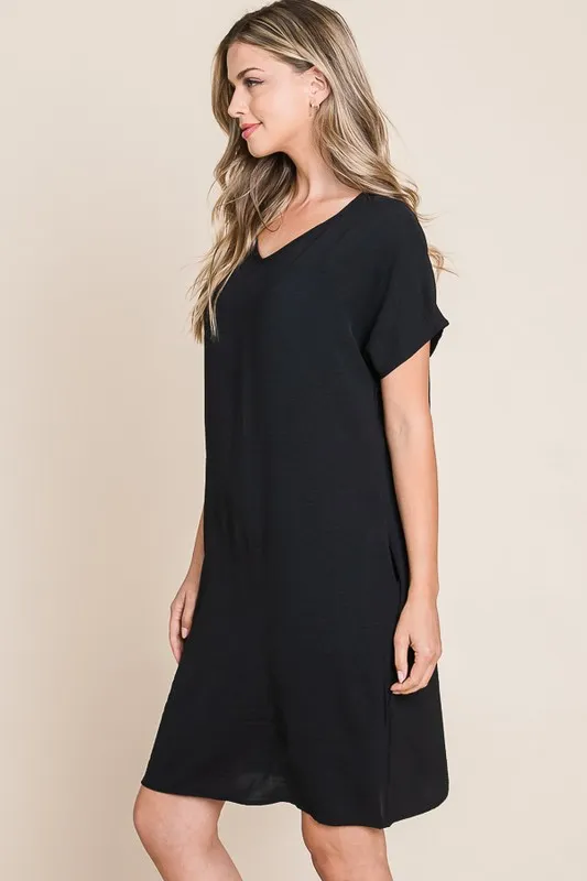 V-Neck-Short-Sleeve-Dress-with-Pockets-Black-4
