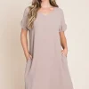 V-Neck Short Sleeve Dress with Pockets - Dust Storm