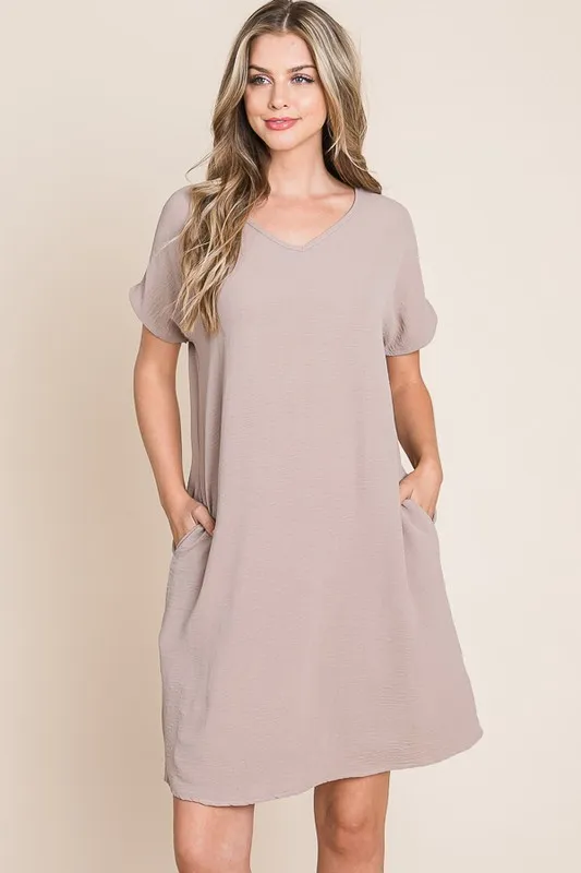 V-Neck Short Sleeve Dress with Pockets - Dust Storm