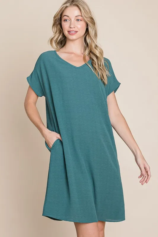 V-Neck Short Sleeve Dress with Pockets - Teal