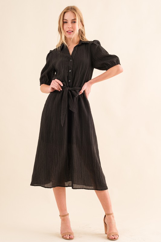 Waffle Textured Ribbon Waist Midi Dress - Black