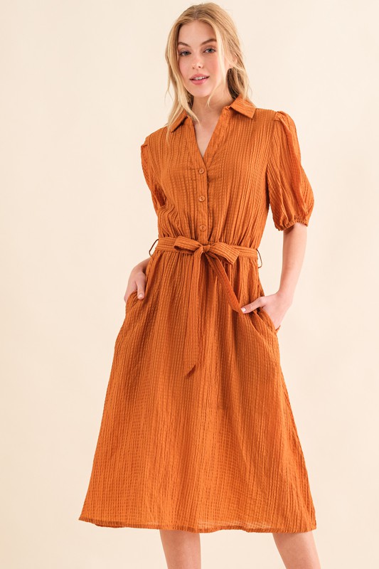 Waffle Textured Ribbon Waist Midi Dress - Caramel