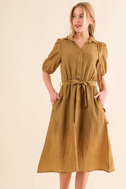 Waffle Textured Ribbon Waist Midi Dress - Dk Hemp