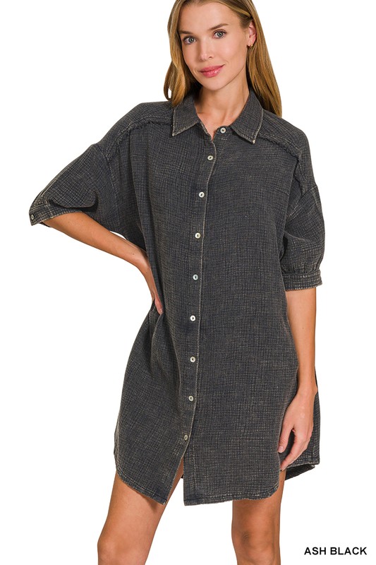 Washed Double Gauze Button Down Shirt Dress - Ash Black