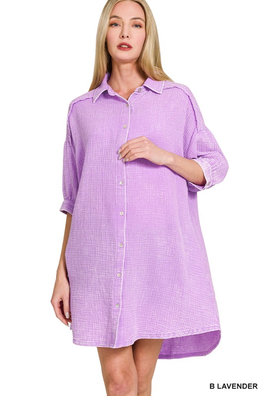 Washed Double Gauze Button Down Shirt Dress - B Lavender