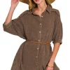 Washed Double Gauze Button Down Shirt Dress - Brown