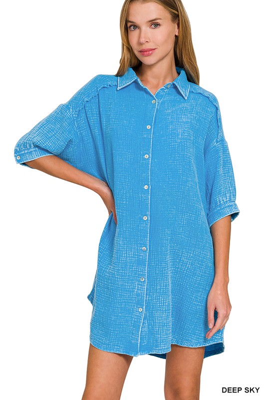 Washed Double Gauze Button Down Shirt Dress - Deep Sky