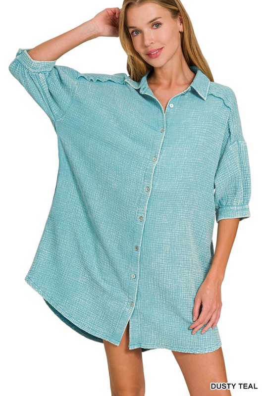 Washed Double Gauze Button Down Shirt Dress - Dusty Teal