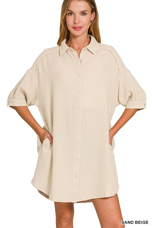 Washed Double Gauze Button Down Shirt Dress - Sand Beige