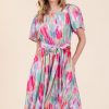 Watercolor Print Tie Front Midi Dress - Pink Combo