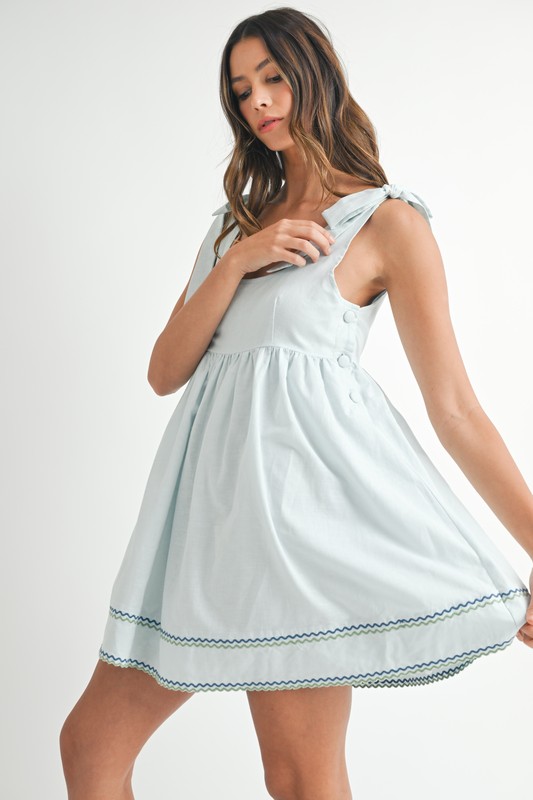 Zig Zag Embroidered Shoulder Tie Mini Dress - Lt Blue