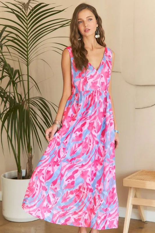 Abstract Floral V-Neck Maxi Dress - Pink Blush Combo