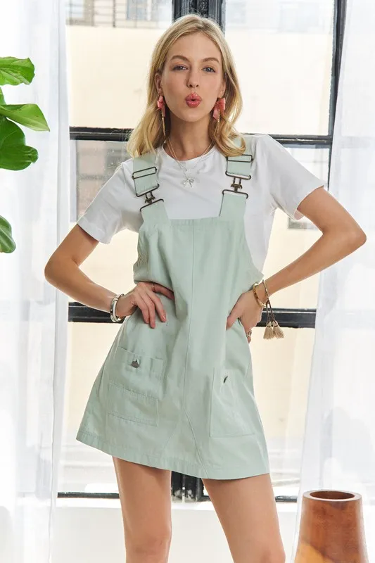 Adjustable Wide Strap Square Neck Overall Dress -  Gum Leaf