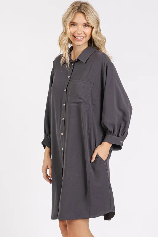 Airflow-34-Sleeve-Buttoned-Shirt-Mini-Dress-Charcoal-3