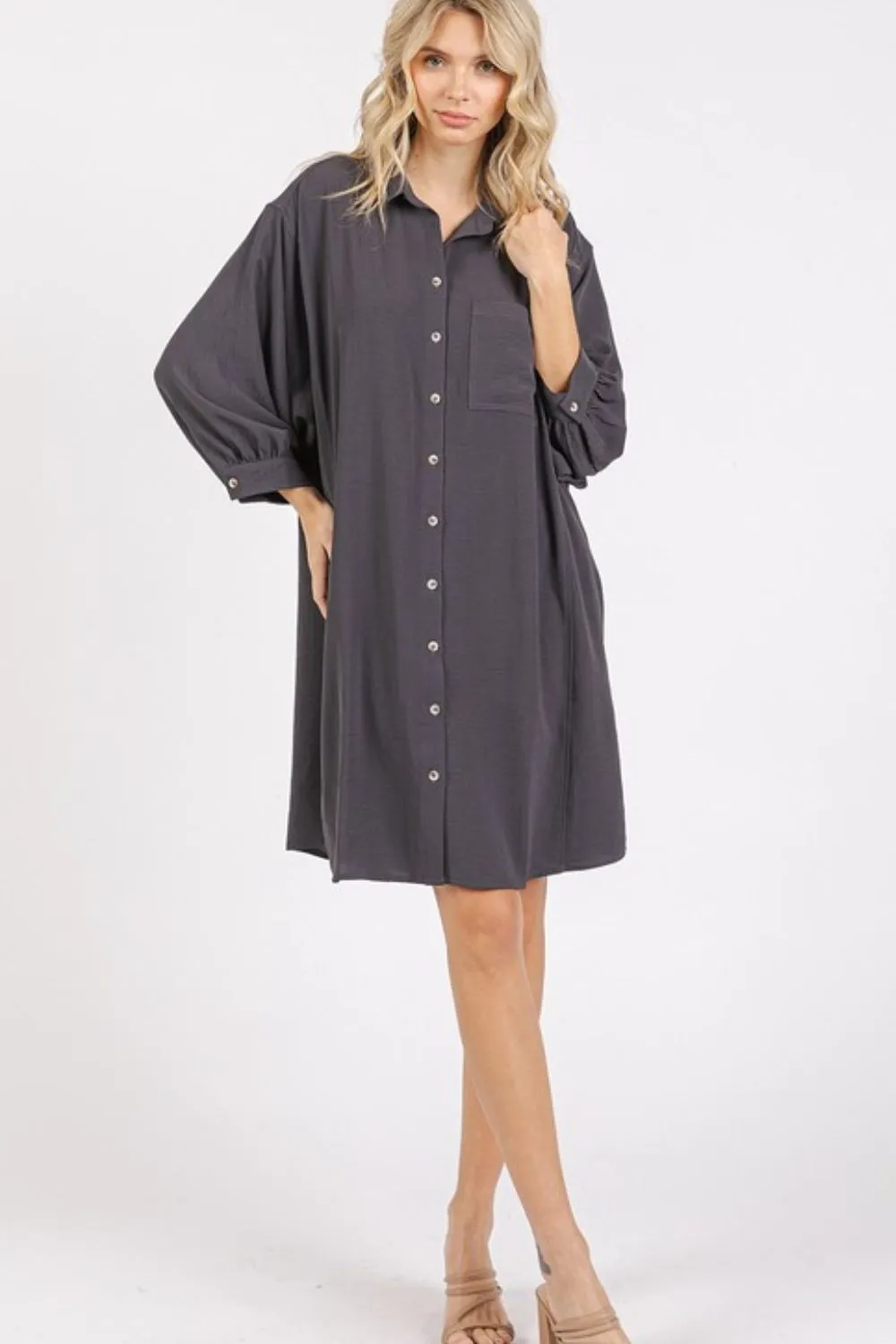 Airflow-34-Sleeve-Buttoned-Shirt-Mini-Dress-Charcoal-4