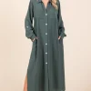 Airflow V-Neck Long Sleeve Button Down Maxi Dress - Lt Hunter