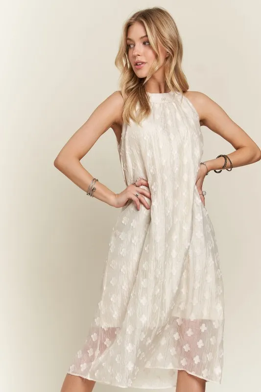 Applique Pearl Detail Grecian Neck Midi Dress - Beige