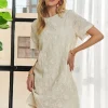 Applique Round Neck Short Sleeve Shift Dress - Beige