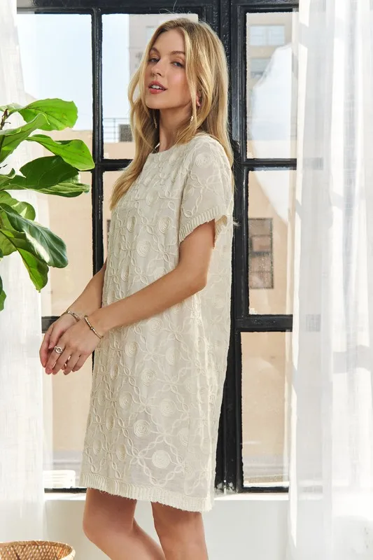 Applique-Round-Neck-Short-Sleeve-Shift-Dress-Beige-4