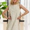 Applique Round Neck Sleeveless Shift Dress - Beige