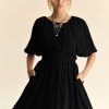 Back Button Puff Sleeve Mini Dress - Black
