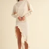 Backless Asymmetric Ruffle Hem Dress - Cream