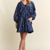 Batwing Sleeves Floral Dress - Denim/Flower