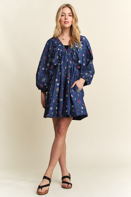 Batwing Sleeves Floral Dress - Denim/Flower