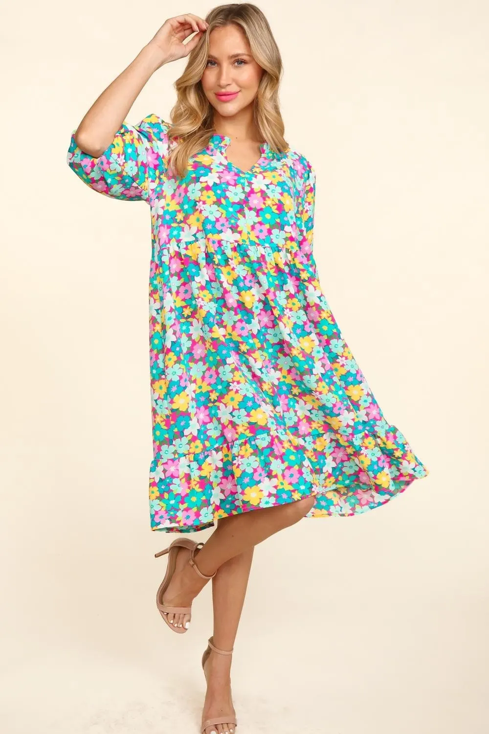 Bubble-Sleeve-Floral-Ruffled-Dress-MintFuchsia-4