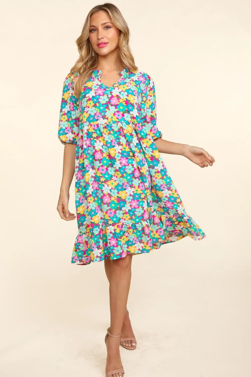 Bubble Sleeve Floral Ruffled Dress - Mint/Fuchsia