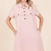 Button Detail Collared Neck Short Sleeve Shirt Dress - Baby Pink