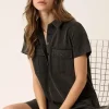 Button Detail Collared Neck Short Sleeve Shirt Dress - Black