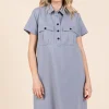 Button Detail Collared Neck Short Sleeve Shirt Dress - Blue Grey
