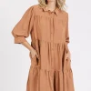 Button Detail Collared Neck Tiered Shirt Dress - Ochre