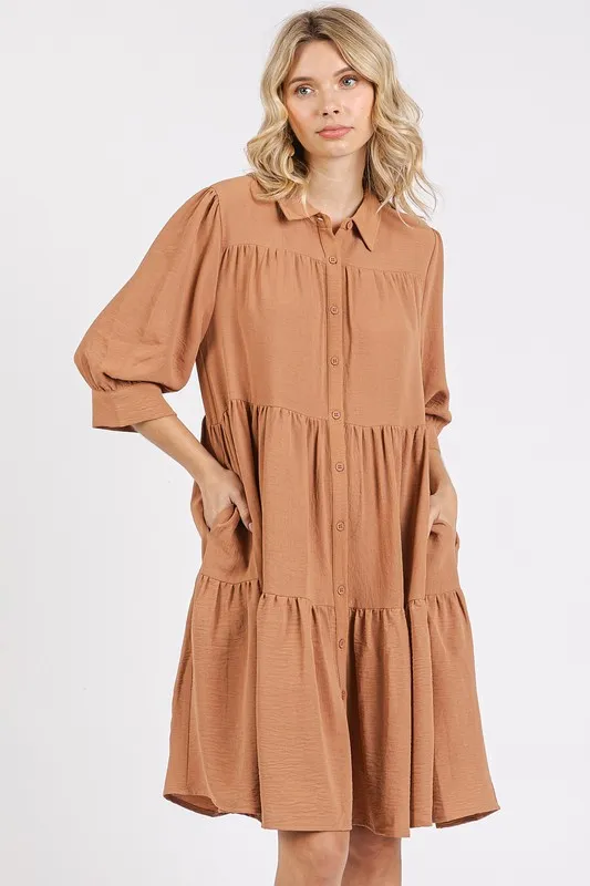 Button Detail Collared Neck Tiered Shirt Dress - Ochre