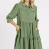 Button Detail Collared Neck Tiered Shirt Dress - Sage